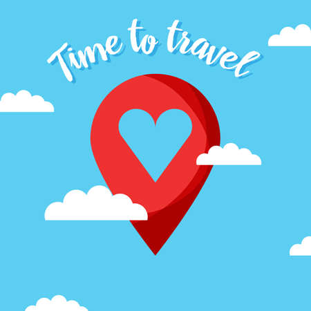 Flat design of map point icon. GPS pinpoint marker on the cloud background.Time to travel concept. Vector illustration.のイラスト素材