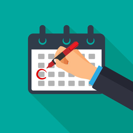 Calendar icon. Hand circles a date on a calendar. Logo template. Deadline concept. Vector illustration.のイラスト素材