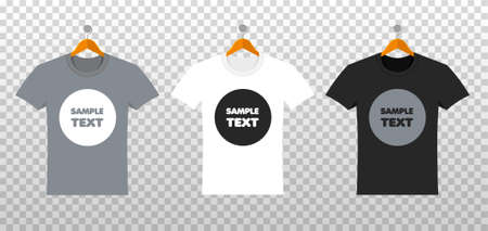 Mockup of t-shirts with place for your design in a flat style. Summer clothing in the front side. Template of white, black and grey shirt for man and woman, male and female, boy and girl.のイラスト素材