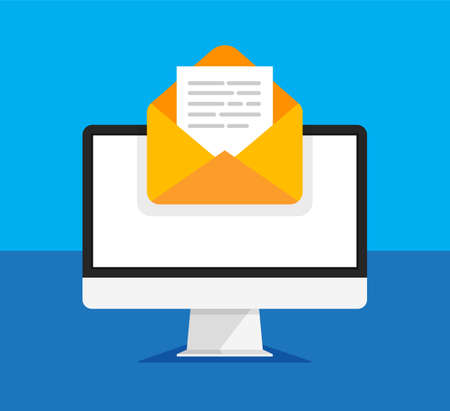 Computer monitor with open envelope and document on a screen. Getting or send new letter. E-mail, email marketing, internet advertising concepts in trendy style. Vector illustration.のイラスト素材