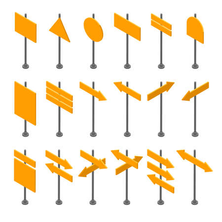 Isometric set of wooden signboards. Empty arrows and planks. Different directions isolated on white background. Flat vector illustration for space for text.のイラスト素材