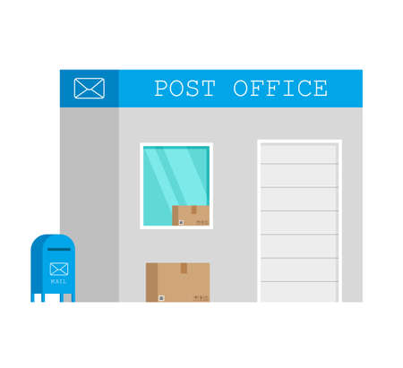 Post office building with mailbox in trendy flat cartoon style. Infographic element. Vector illustration isolated on white background.のイラスト素材