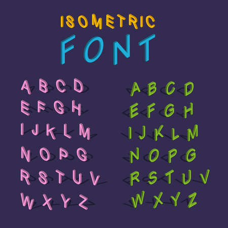 Vector isometric font. Set of letters and numbers isolated on dark background. 3D colorful alphabet.のイラスト素材