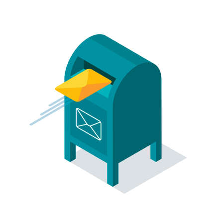 Blue mailbox with letters inside in isometric style. Yellow envelope flies into the mailbox. Vector illustration isolated on white background.のイラスト素材