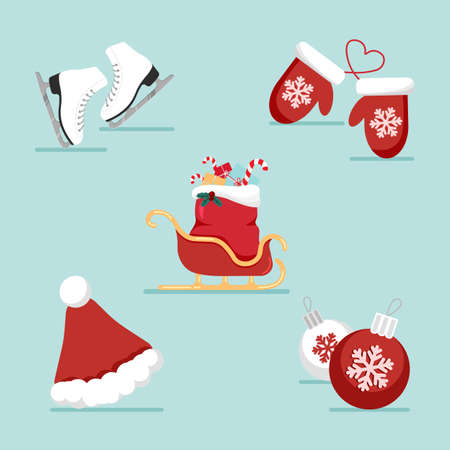 Flat Christmas and New Year icons set with holiday items. Santa hat and sleigh, ice skates, christmas decorations, mittensのイラスト素材