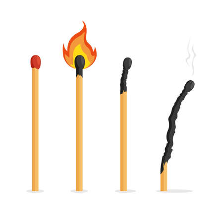 Collection of matches with fire. Whole and burnt matchstick. Stages of burning the match. Vector illustration isolated on white background.のイラスト素材