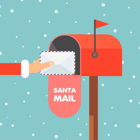 Letter to Santa Claus. Hand holds decorated envelope. Red mailbox with letter inside in cartoon...