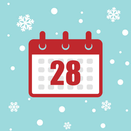 Calendar icon 28 of december isolated on snow background. Vector Christmas advent calendar. Winter holidays poster with date. Cute day decoration. Flat icon calendar.のイラスト素材