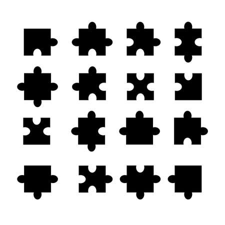 Vector jigsaw black mock up. Puzzle template. Set of different black pieces of puzzle isolated.のイラスト素材