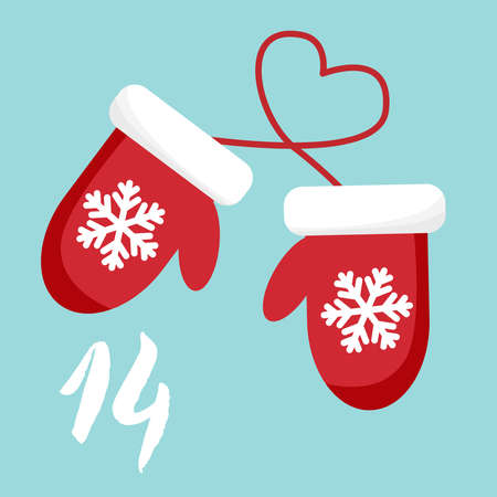Vector Christmas advent calendar. Winter holidays poster with date 14 december. Cute day decoration. New year mittens with a rope.のイラスト素材