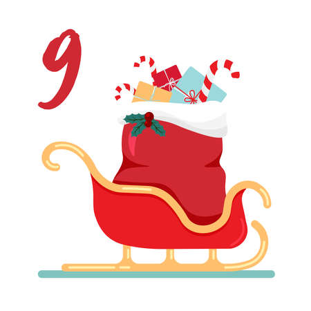Vector Christmas advent calendar. Winter holidays poster with date 9 december. Cute day decoration. Santa Claus sleigh with a bag of gifts.のイラスト素材