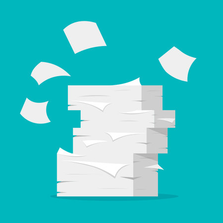 Paper sheets pile. Paperwork and office routine. Heap of white papers on blue background in a flat...