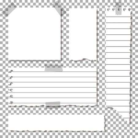 Set of torn sheets, piece of paper isolated on transparent background. Flat design of scraps paper for notes and reminders. Small scraps of school notebook and diary. Pages with adhesive tape.のイラスト素材