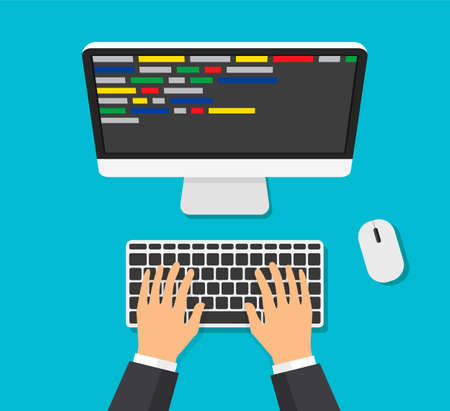 Programmer working writing code. Man typing on the keyboard with code on the screen. Web developer, design, programming. Coding concept. Isolated vector illustration. Overhead view