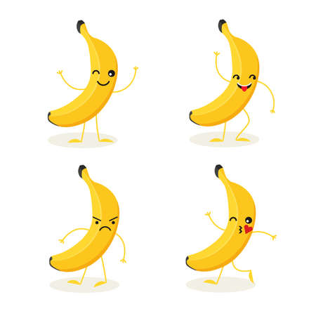 Vector cartoon banana character in different action emotions. Tropical fruit in many expressions isolated on white background. Vegan food vector icon in a trendy flat style. Healthy food concept.のイラスト素材