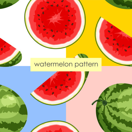 Seamless vector pattern with whole, cut slice of watermelon. Vegan food vector icons in a trendy...