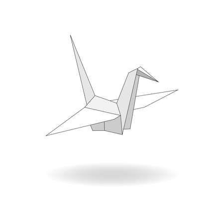 White paper crane with shadow in trendy flat style. Origami icon isolated on white background. Vector illustration.のイラスト素材
