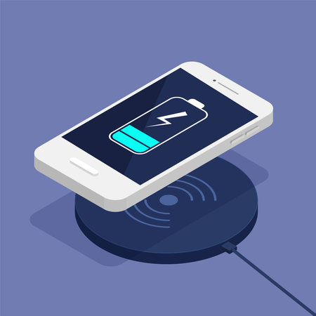 Wireless charging of the smartphone battery. Device concept. Isometric design. Vector illustration....