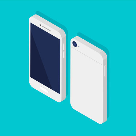 Isometric phone front and back side. Smartphone black blank display template or mock up. Smart technology. Vector illustration isolated on blue background.のイラスト素材