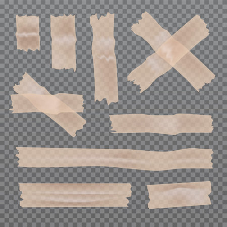 Set of sticky glue scotch tape pieces isolated on transparent background. Adhesive stripes. Office stationery. Vector illustrationのイラスト素材