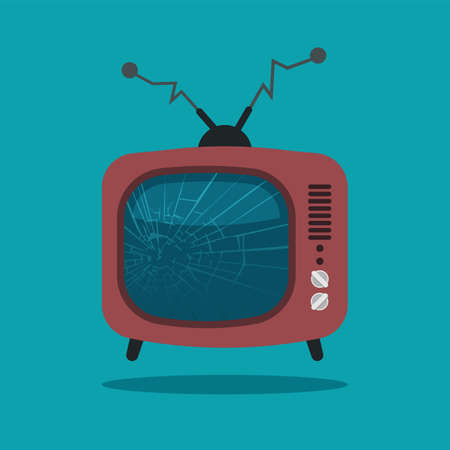 Cracked screen retro tv. Broken cartoon television with bent antenna isolated on blue background.のイラスト素材