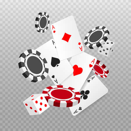 Falling or flying aces poker cards, playing chips and dice. Playing card. Casino advertising banner. Vector illustration isolated on transparent background.のイラスト素材