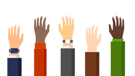 People hands of different nationalities raised up. Various skin color, gender. United culture and ethnic groups. Asian, arab, african, american, europian arm. Teamwork concept. Vector illustration.のイラスト素材