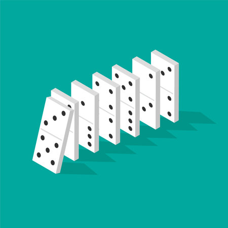 Falling dominoes in isometric projection isolated on green background. Domino effect, chain row or reaction. Disaster business concept. Vector illustration.のイラスト素材