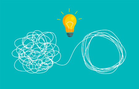 Tangle tangled and unraveled. Abstract metaphor of business problem solving or difficult situation. Simplification streamlining process. Vector illustration isolated on blue background.のイラスト素材