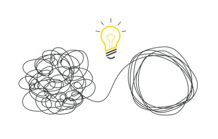 Tangle tangled and unraveled. Abstract metaphor of business problem solving or difficult situation. Simplification streamlining process. Vector illustration isolated on white background.のイラスト素材