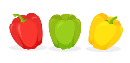Set of fresh red, green and yellow bell pepper isolated on white background. Vegan food vector vegetable icons in a trendy cartoon style. Healthy food concept.のイラスト素材