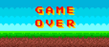 'Game over' text on 8 bit game background. Gaming controller, symbols set. Pixel picture with sky, clouds, ground and grass.のイラスト素材