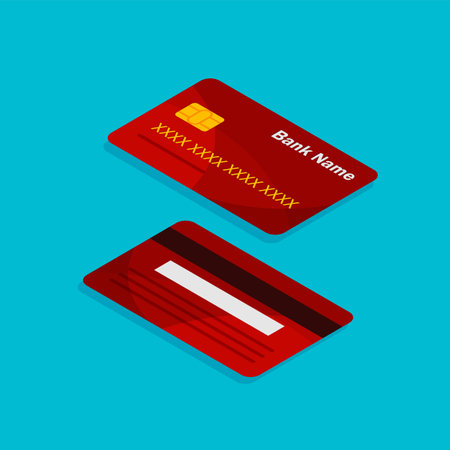 Vector isometric credit card front and back view. Bank cards template. Online payment. Cash withdrawal.のイラスト素材