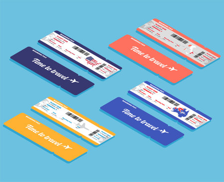 Set of isometric airline boarding pass. Vector template or mock up isolated on blue background....