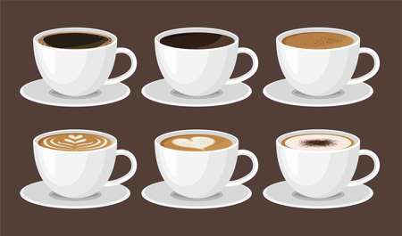 Hot coffee menu in white cups. Front view. Latte, cappuccino, americano, espresso, mocha, cocoa. Vector illustrationのイラスト素材