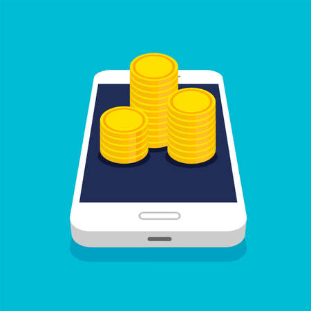 Smartphone with coin heap or stack in trendy 3d style. Money movement and online payment. Online banking concept. Cashback or money refund. Vector illustration.のイラスト素材