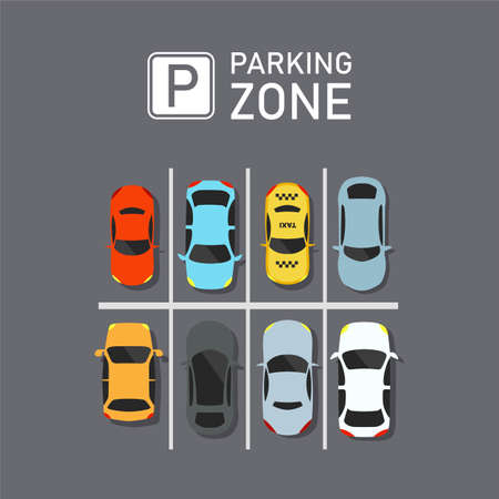City car park with a set of different cars. Lack of parking spaces. Urban transport. Vector illustration.のイラスト素材