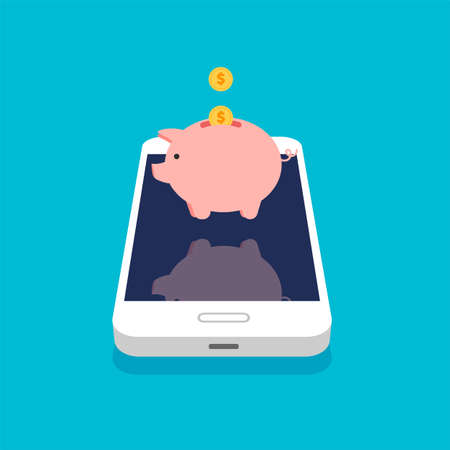 Gold coins and piggy bank in a 3d style. Money in a smartphone. Online deposit in your phone. Vector illustration.のイラスト素材