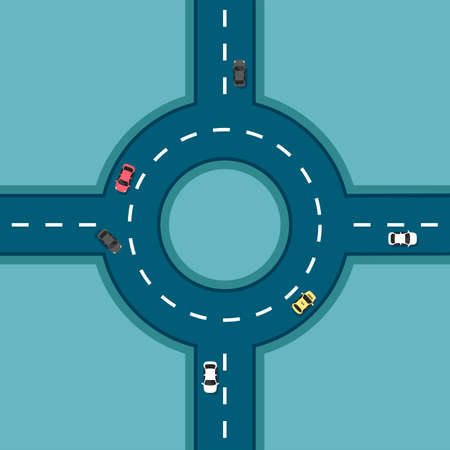 Top view road with different cars. Roundabout. Crossroads. Autobahn and highway junction. City infrastructure with transportation elements. Vector illustration in a flat modern style.のイラスト素材