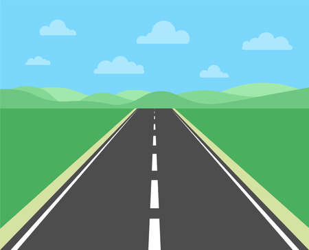 Straight road in countryside with white markings. Road way location template. Highway in aerial perspective. Vector illustration.のイラスト素材