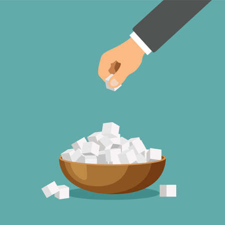 Refined sugar in a bowl. Hand takes cube of sugar. Baking and cooking ingredient. Vector food in a trendy flat design isolated on blue background.のイラスト素材