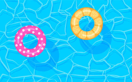 Swimming pool summer background with colorful lifebuoys. Pool party template banner. Float rings. Vector illustration in trendy flat style.のイラスト素材