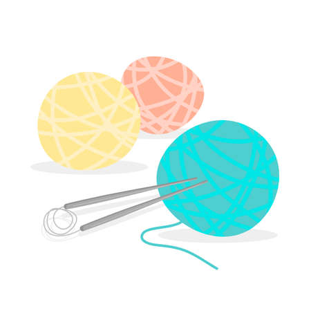 Different colors of knitting thread with needles. Balls of yarn. Tools for knitwork. Female hobby. Vector illustration isolated on white background.のイラスト素材