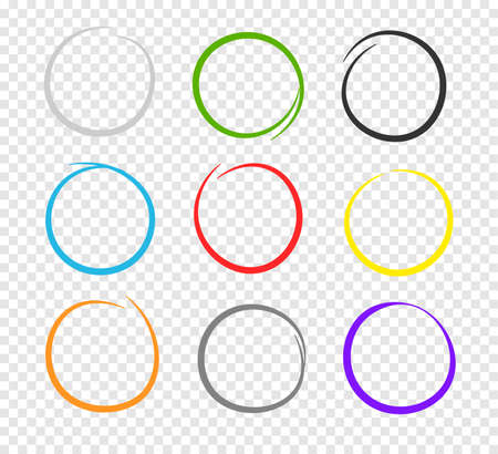 Collection of hand drawn different colors highlight circle. Highlighter marks, strokes. Design elements isolated on transparent background.のイラスト素材