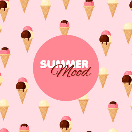 Cartoon ice-cream cone seamless pattern. Chocolate, vanilla and strawberry ice creams. Summer...