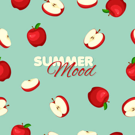 Cartoon red apple seamless pattern. Summer banner concept. Light green color background. Vector illustration.のイラスト素材