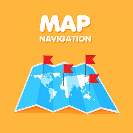 Cartoon world travel map colored flags on it. Location and pinpoints on a global map. Vector illustration.のイラスト素材