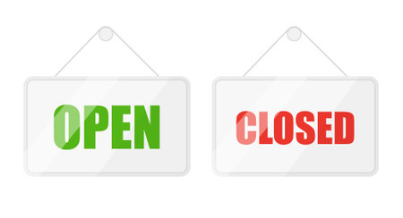 Open and closed signs for door isolated on white background. Vector lettering.のイラスト素材