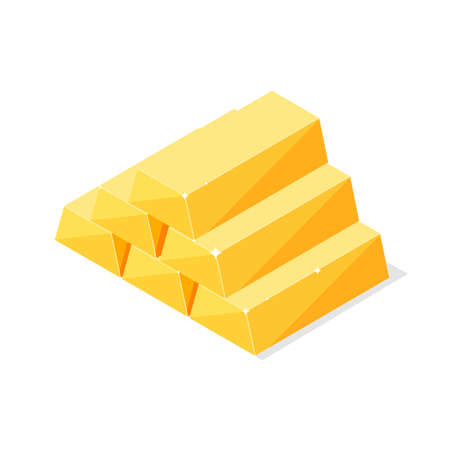 Stack of isometric shiny gold bars or ingots isolated on white background. Business concept. Icon for web, games, apps. Vector illustration.のイラスト素材
