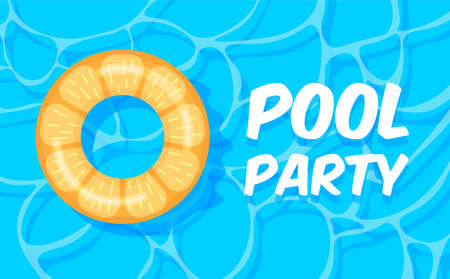 Pool party template banner. Swimming pool summer background with colorful lifebuoys. Float ring. Vector illustration in trendy flat style. Top view.のイラスト素材